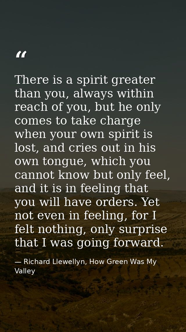 There is a spirit greater than you, always within reach of you, but he only comes to take charge when your own spirit is — Richard Llewellyn, How Green Was My Valley