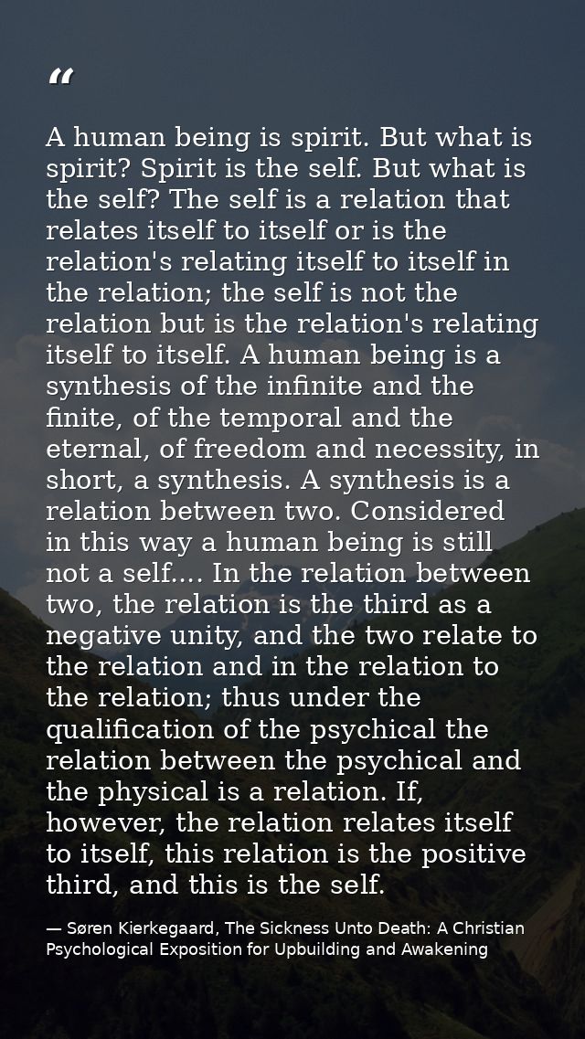A human being is spirit. But what is spirit? Spirit is the self. But what is the self? The self is a relation that relat — Søren Kierkegaard, The Sickness Unto Death: A Christian Psychological Exposition for Upbuilding and Awakening