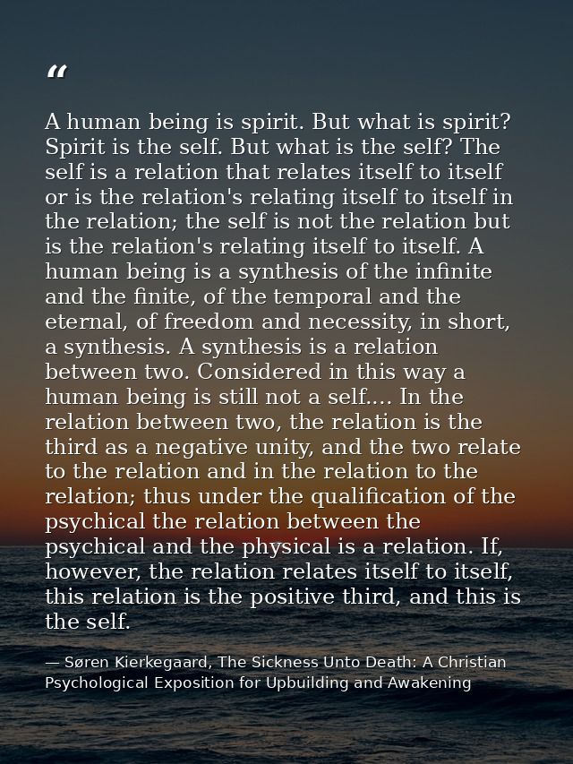 A human being is spirit. But what is spirit? Spirit is the self. But what is the self? The self is a relation that relat — Søren Kierkegaard, The Sickness Unto Death: A Christian Psychological Exposition for Upbuilding and Awakening