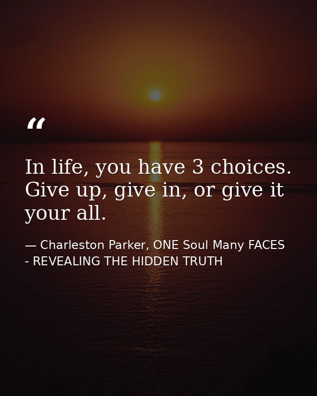 In life, you have 3 choices. Give up, give in, or give it your all. — Charleston Parker, ONE Soul Many FACES - REVEALING THE HIDDEN TRUTH