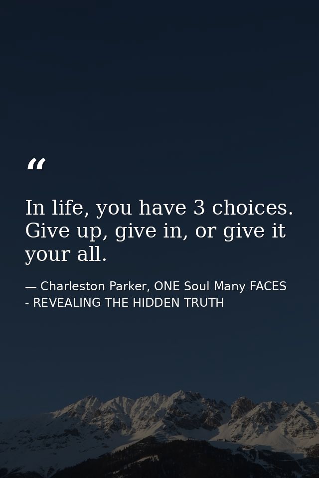 In life, you have 3 choices. Give up, give in, or give it your all. — Charleston Parker, ONE Soul Many FACES - REVEALING THE HIDDEN TRUTH
