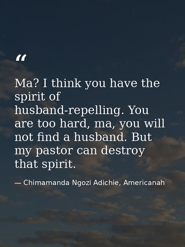 Ma? I think you have the spirit of husband-repelling. You are too hard, ma, you will not find a husband. But my pastor c — Chimamanda Ngozi Adichie, Americanah