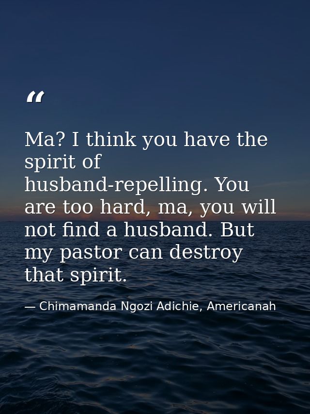 Ma? I think you have the spirit of husband-repelling. You are too hard, ma, you will not find a husband. But my pastor c — Chimamanda Ngozi Adichie, Americanah