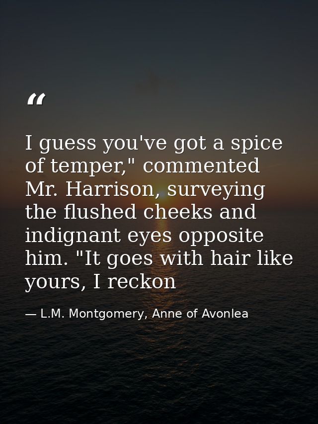 I guess you've got a spice of temper," commented Mr. Harrison, surveying the flushed cheeks and indignant eyes opposite  — L.M. Montgomery, Anne of Avonlea
