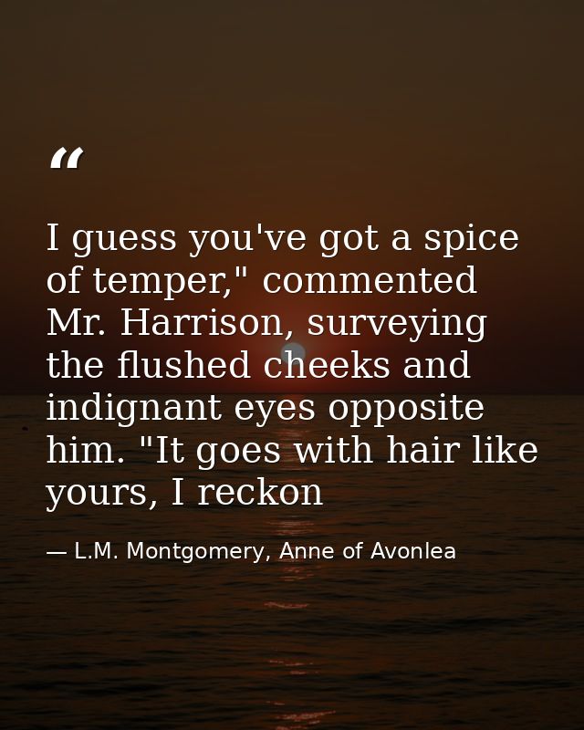 I guess you've got a spice of temper," commented Mr. Harrison, surveying the flushed cheeks and indignant eyes opposite  — L.M. Montgomery, Anne of Avonlea