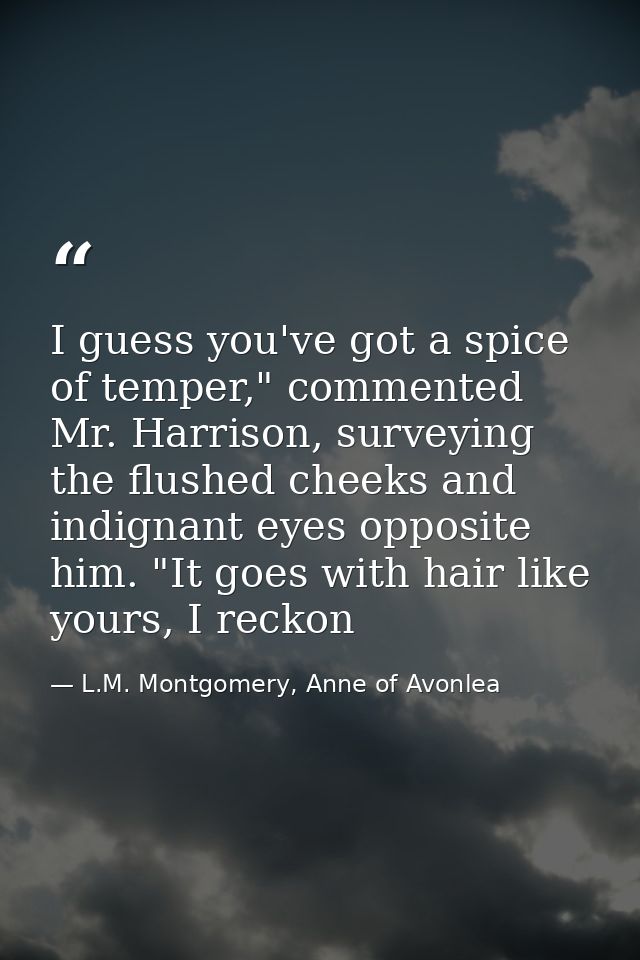 I guess you've got a spice of temper," commented Mr. Harrison, surveying the flushed cheeks and indignant eyes opposite  — L.M. Montgomery, Anne of Avonlea