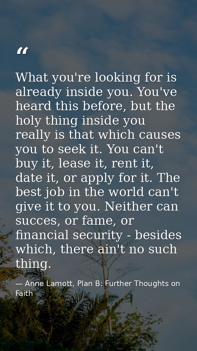 What you're looking for is already inside you. You've heard this before, but the holy thing inside you really is that wh — Anne Lamott, Plan B: Further Thoughts on Faith