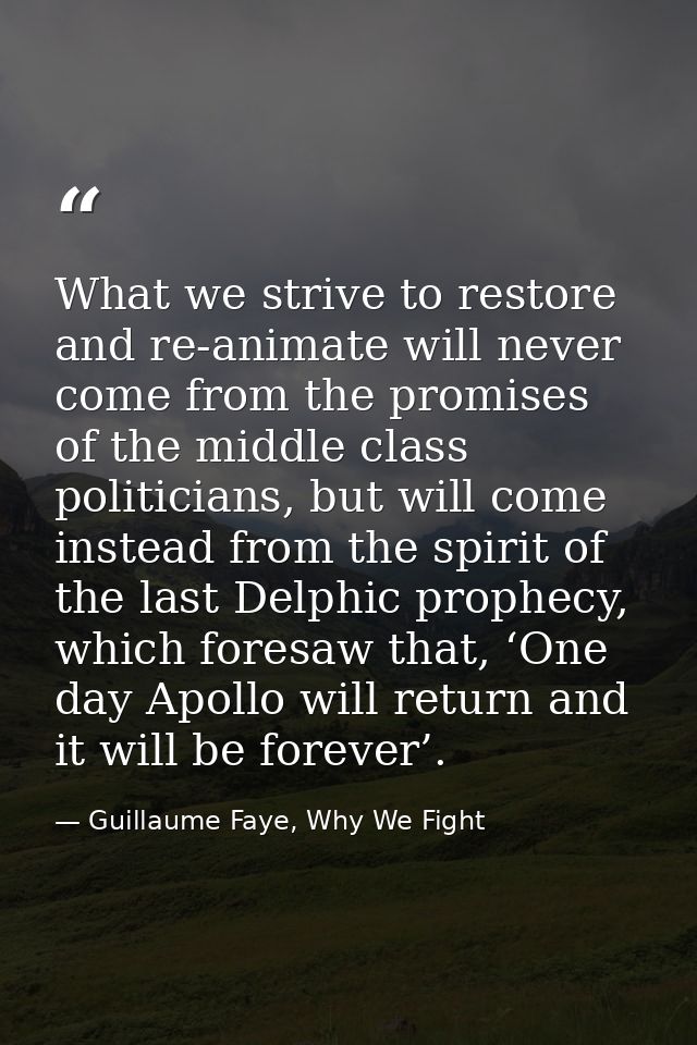 What we strive to restore and re-animate will never come from the promises of the middle class politicians, but will com — Guillaume Faye, Why We Fight