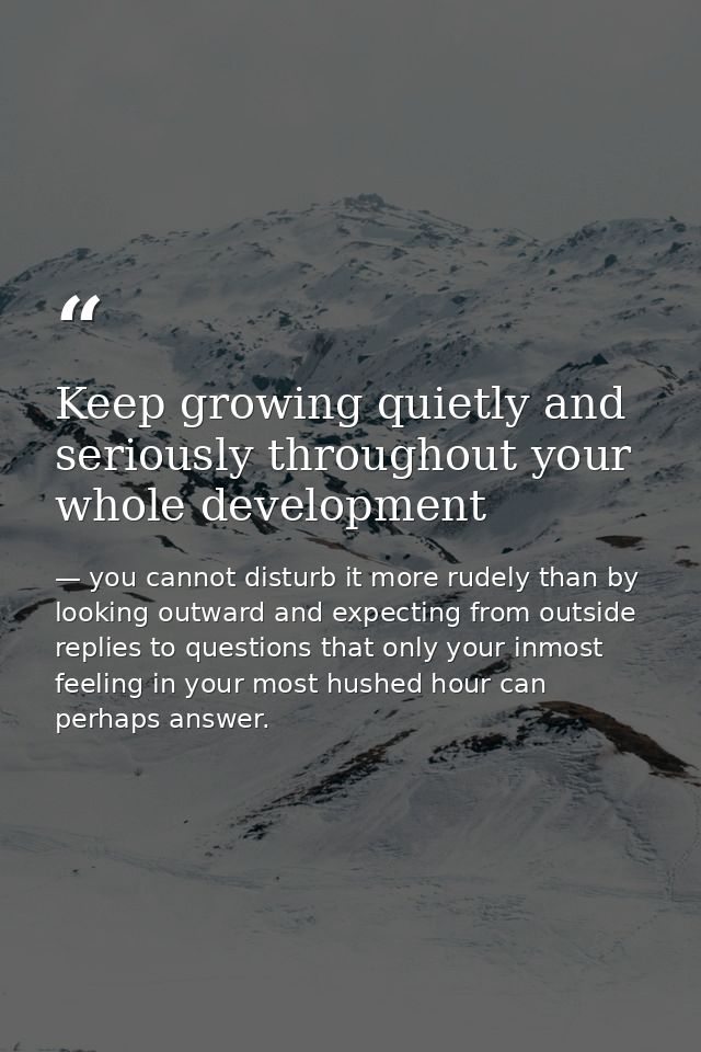 Keep growing quietly and seriously throughout your whole development — you cannot disturb it more rudely than by looking outward and expecting from outside replies to questions that only your inmost feeling in your most hushed hour can perhaps answer.