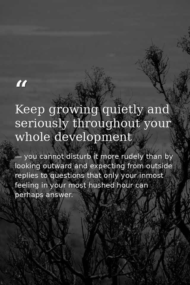Keep growing quietly and seriously throughout your whole development — you cannot disturb it more rudely than by looking outward and expecting from outside replies to questions that only your inmost feeling in your most hushed hour can perhaps answer.