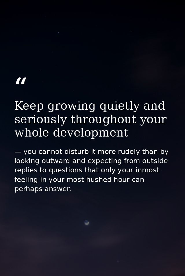 Keep growing quietly and seriously throughout your whole development — you cannot disturb it more rudely than by looking outward and expecting from outside replies to questions that only your inmost feeling in your most hushed hour can perhaps answer.
