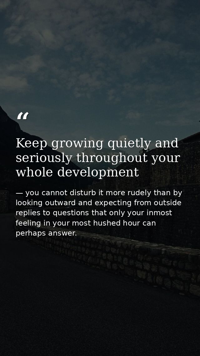 Keep growing quietly and seriously throughout your whole development — you cannot disturb it more rudely than by looking outward and expecting from outside replies to questions that only your inmost feeling in your most hushed hour can perhaps answer.