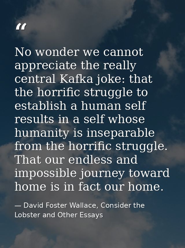 No wonder we cannot appreciate the really central Kafka joke: that the horrific struggle to establish a human self resul — David Foster Wallace, Consider the Lobster and Other Essays