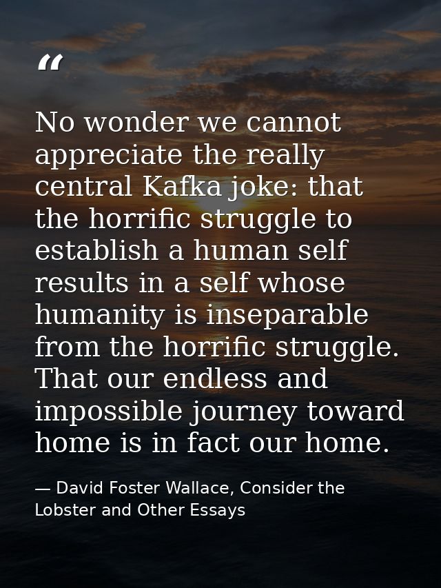 No wonder we cannot appreciate the really central Kafka joke: that the horrific struggle to establish a human self resul — David Foster Wallace, Consider the Lobster and Other Essays