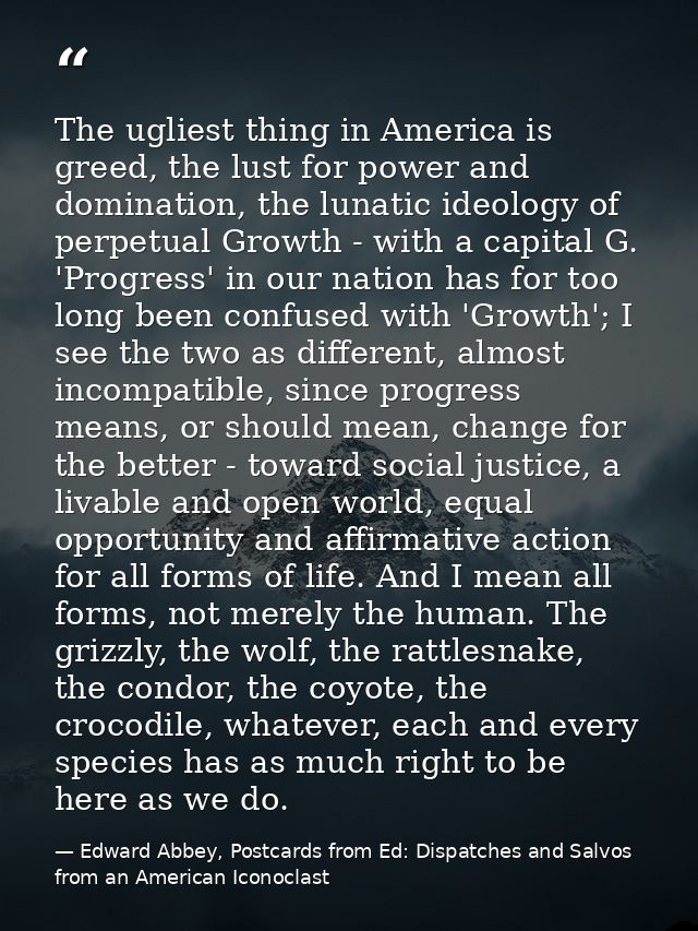 The ugliest thing in America is greed, the lust for power and domination, the lunatic ideology of perpetual Growth - wit — Edward Abbey, Postcards from Ed: Dispatches and Salvos from an American Iconoclast