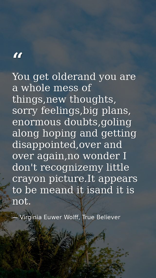 You get olderand you are a whole mess of things,new thoughts, sorry feelings,big plans, enormous doubts,goling along hop — Virginia Euwer Wolff, True Believer