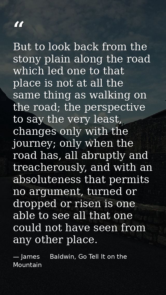 But to look back from the stony plain along the road which led one to that place is not at all the same thing as walking — James     Baldwin, Go Tell It on the Mountain
