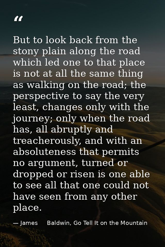 But to look back from the stony plain along the road which led one to that place is not at all the same thing as walking — James     Baldwin, Go Tell It on the Mountain