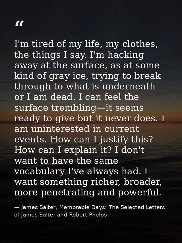 I'm tired of my life, my clothes, the things I say. I'm hacking away at the surface, as at some kind of gray ice, trying — James Salter, Memorable Days: The Selected Letters of James Salter and Robert Phelps