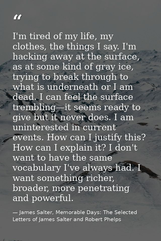 I'm tired of my life, my clothes, the things I say. I'm hacking away at the surface, as at some kind of gray ice, trying — James Salter, Memorable Days: The Selected Letters of James Salter and Robert Phelps