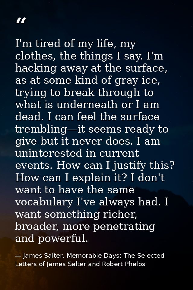 I'm tired of my life, my clothes, the things I say. I'm hacking away at the surface, as at some kind of gray ice, trying — James Salter, Memorable Days: The Selected Letters of James Salter and Robert Phelps