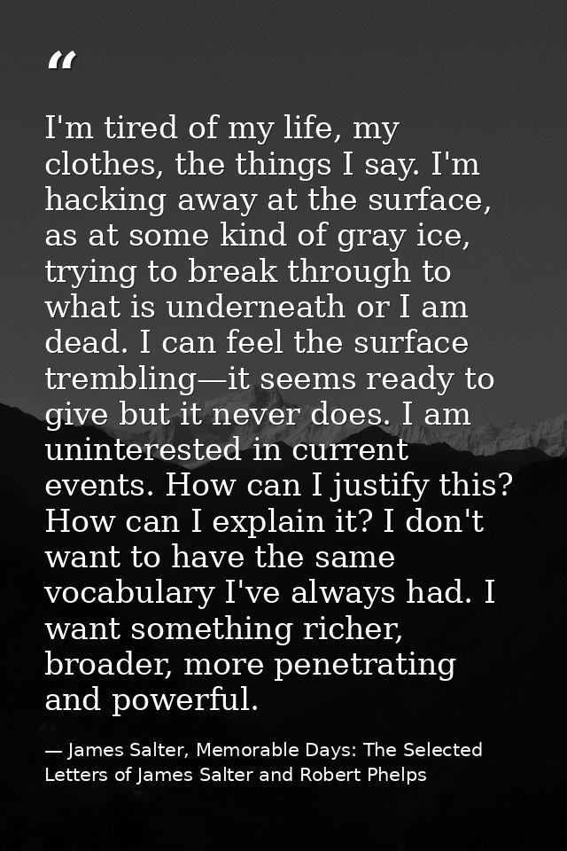 I'm tired of my life, my clothes, the things I say. I'm hacking away at the surface, as at some kind of gray ice, trying — James Salter, Memorable Days: The Selected Letters of James Salter and Robert Phelps
