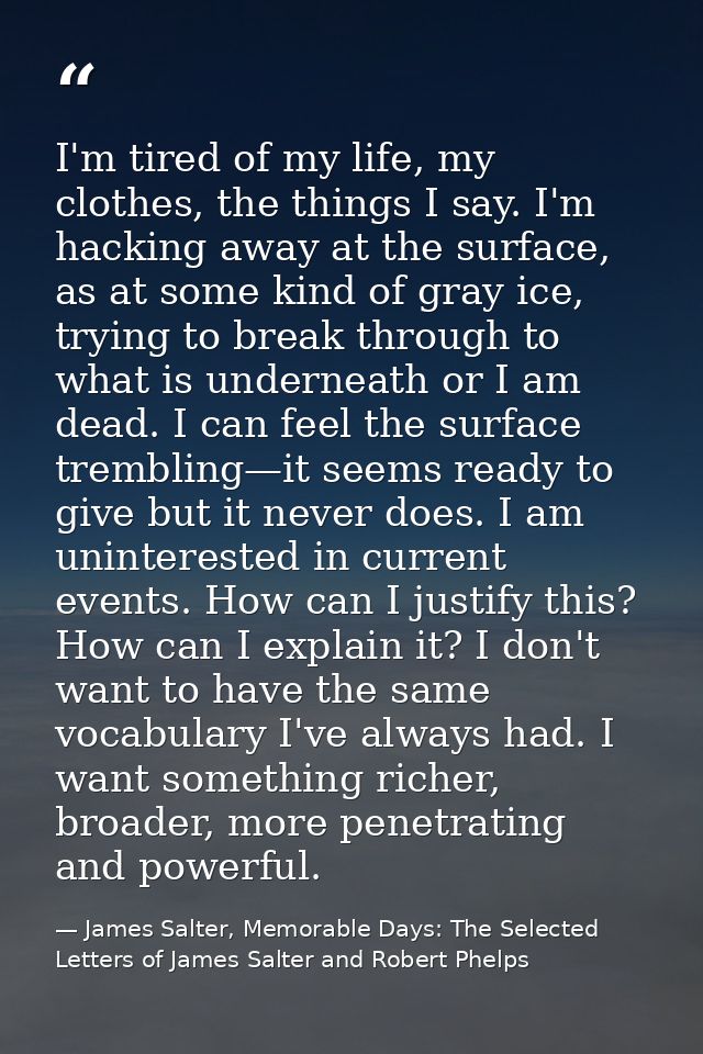 I'm tired of my life, my clothes, the things I say. I'm hacking away at the surface, as at some kind of gray ice, trying — James Salter, Memorable Days: The Selected Letters of James Salter and Robert Phelps