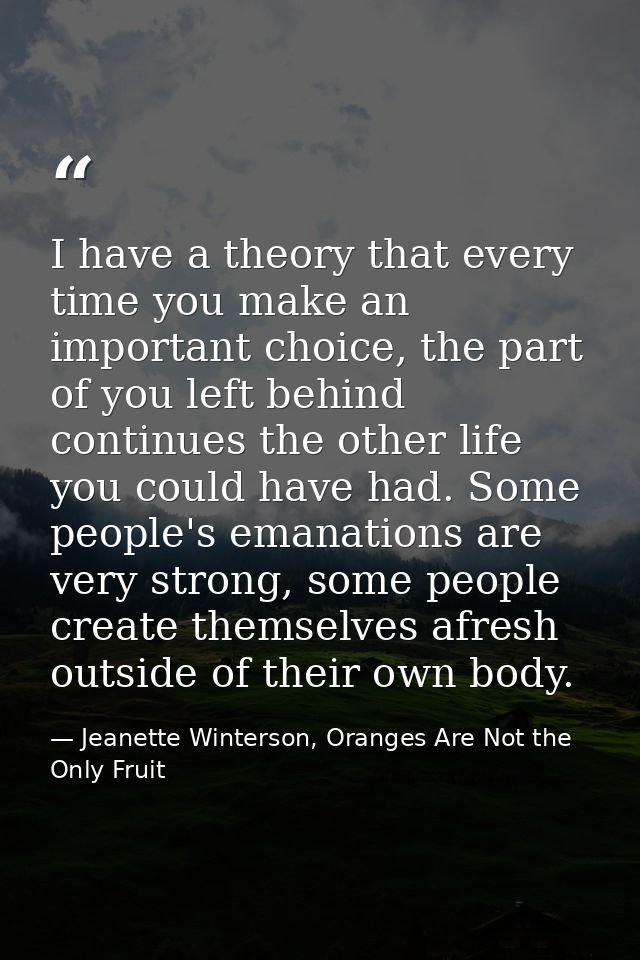 I have a theory that every time you make an important choice, the part of you left behind continues the other life you c — Jeanette Winterson, Oranges Are Not the Only Fruit