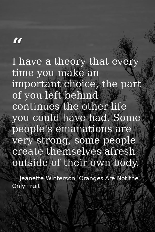 I have a theory that every time you make an important choice, the part of you left behind continues the other life you c — Jeanette Winterson, Oranges Are Not the Only Fruit