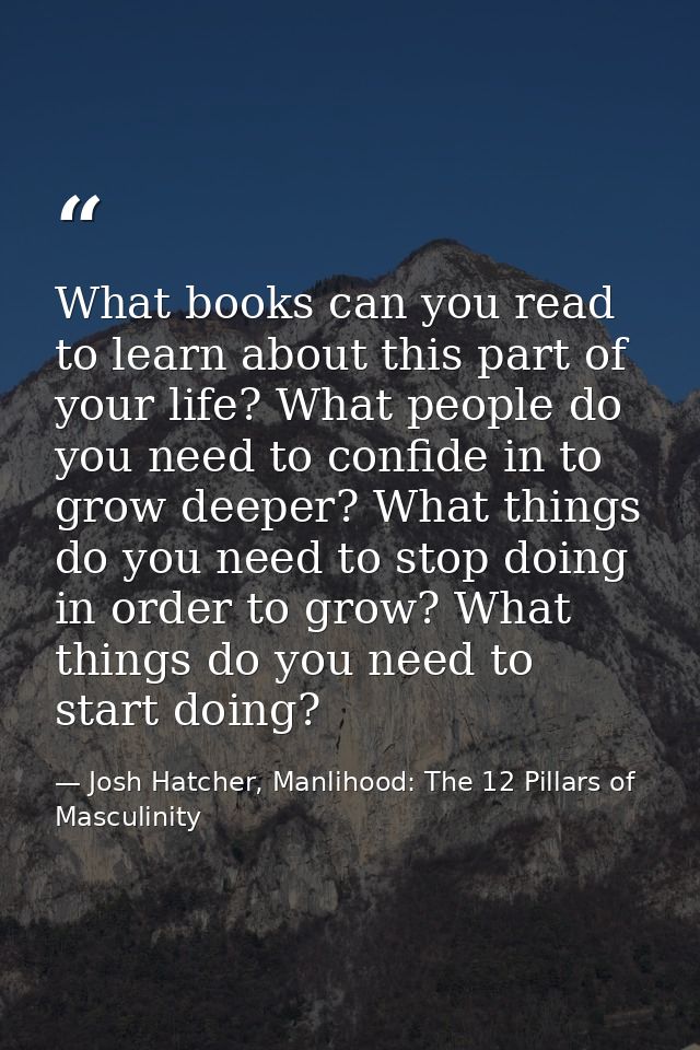 What books can you read to learn about this part of your life? What people do you need to confide in to grow deeper? Wha — Josh Hatcher, Manlihood: The 12 Pillars of Masculinity