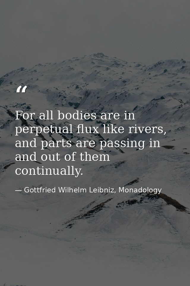 For all bodies are in perpetual flux like rivers, and parts are passing in and out of them continually. — Gottfried Wilhelm Leibniz, Monadology