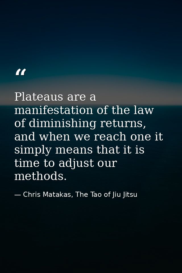 Plateaus are a manifestation of the law of diminishing returns, and when we reach one it simply means that it is time to — Chris Matakas, The Tao of Jiu Jitsu