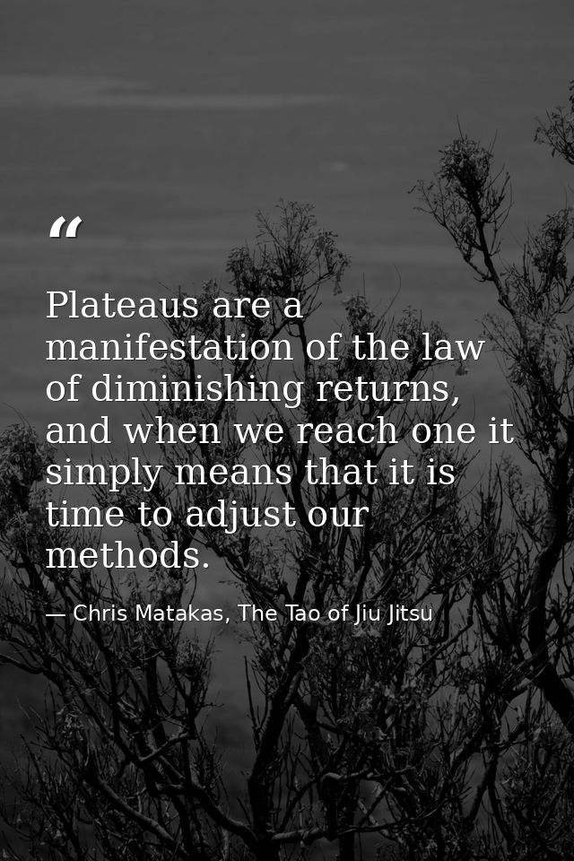 Plateaus are a manifestation of the law of diminishing returns, and when we reach one it simply means that it is time to — Chris Matakas, The Tao of Jiu Jitsu