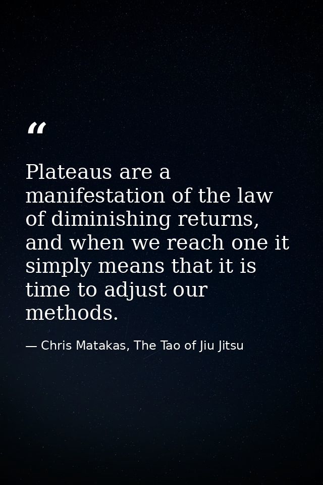 Plateaus are a manifestation of the law of diminishing returns, and when we reach one it simply means that it is time to — Chris Matakas, The Tao of Jiu Jitsu