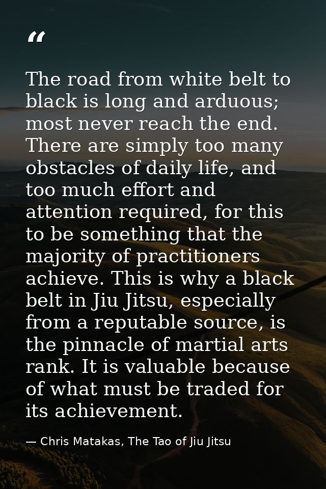 The road from white belt to black is long and arduous; most never reach the end. There are simply too many obstacles of  — Chris Matakas, The Tao of Jiu Jitsu