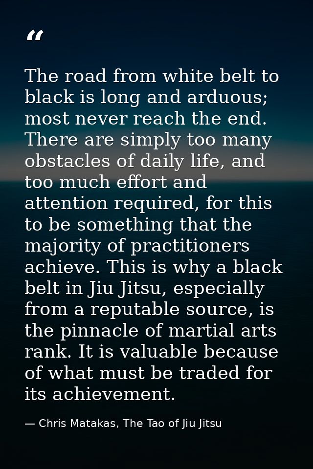 The road from white belt to black is long and arduous; most never reach the end. There are simply too many obstacles of  — Chris Matakas, The Tao of Jiu Jitsu