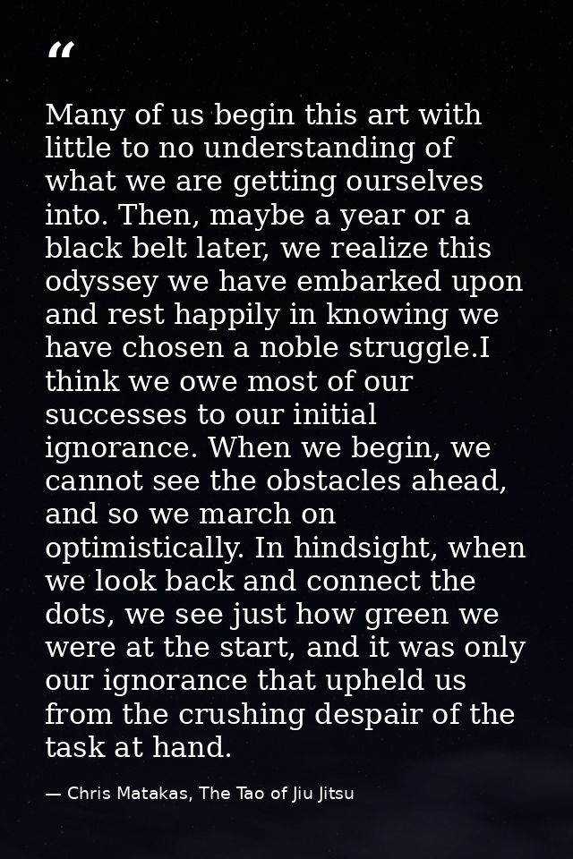 Many of us begin this art with little to no understanding of what we are getting ourselves into. Then, maybe a year or a — Chris Matakas, The Tao of Jiu Jitsu