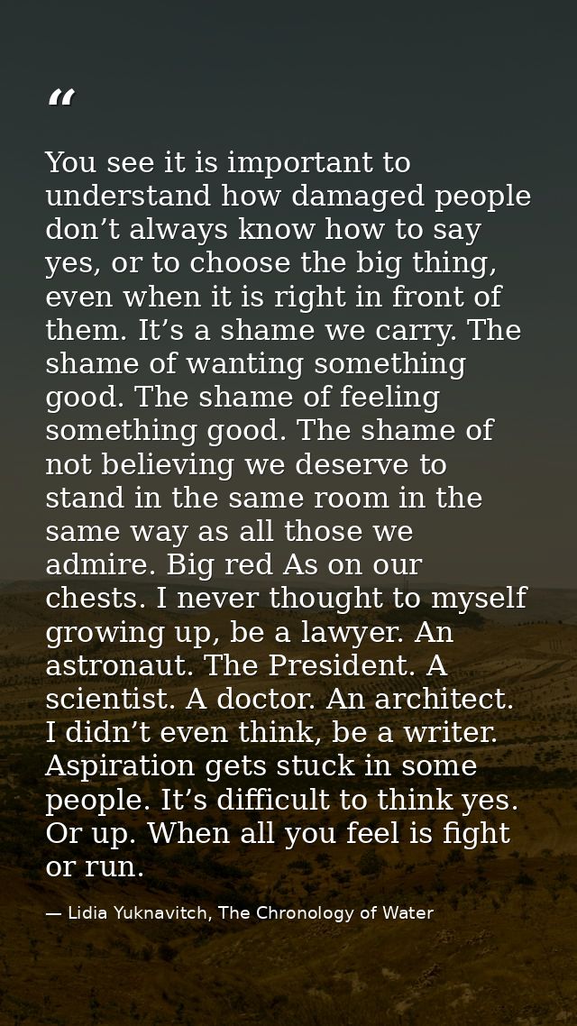 You see it is important to understand how damaged people don’t always know how to say yes, or to choose the big thing, e — Lidia Yuknavitch, The Chronology of Water