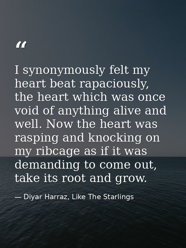 I synonymously felt my heart beat rapaciously, the heart which was once void of anything alive and well. Now the heart w — Diyar Harraz, Like The Starlings