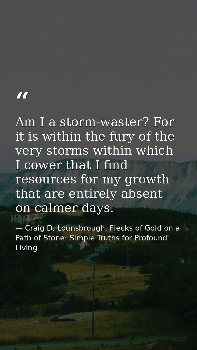 Am I a storm-waster? For it is within the fury of the very storms within which I cower that I find resources for my grow — Craig D. Lounsbrough, Flecks of Gold on a Path of Stone: Simple Truths for Profound Living