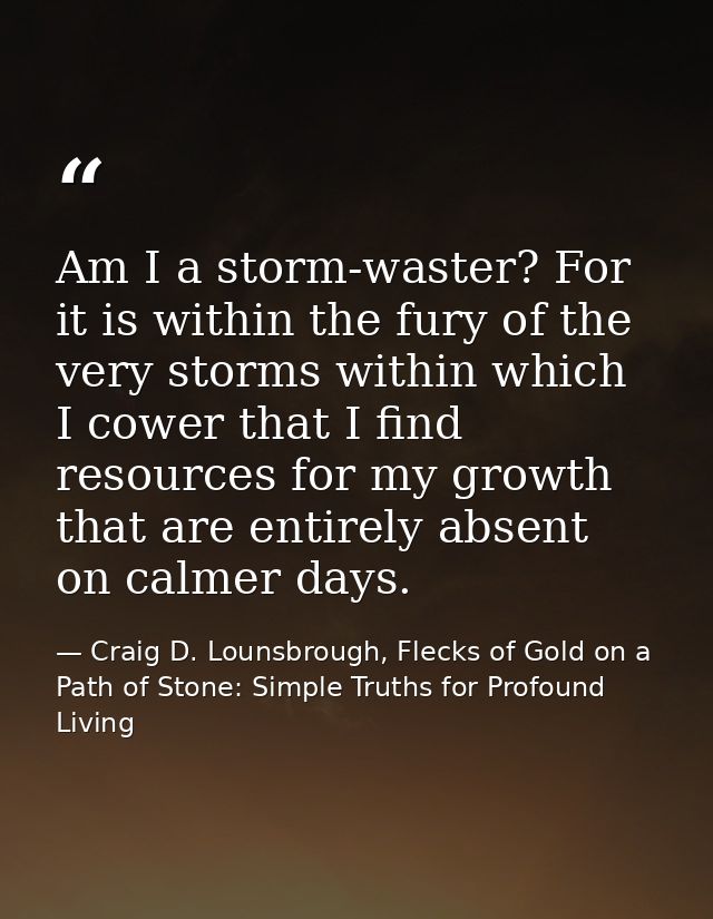 Am I a storm-waster? For it is within the fury of the very storms within which I cower that I find resources for my grow — Craig D. Lounsbrough, Flecks of Gold on a Path of Stone: Simple Truths for Profound Living
