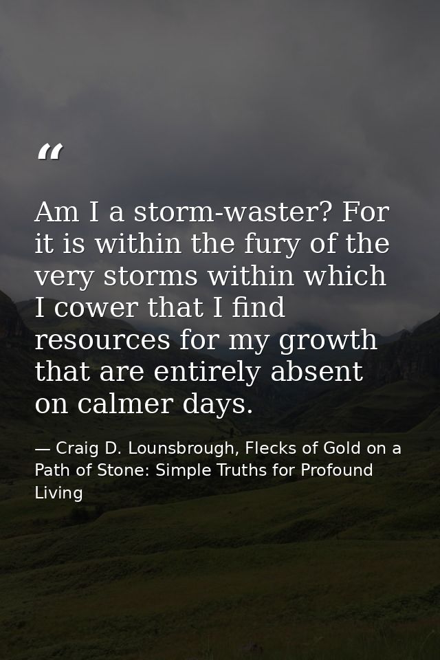 Am I a storm-waster? For it is within the fury of the very storms within which I cower that I find resources for my grow — Craig D. Lounsbrough, Flecks of Gold on a Path of Stone: Simple Truths for Profound Living