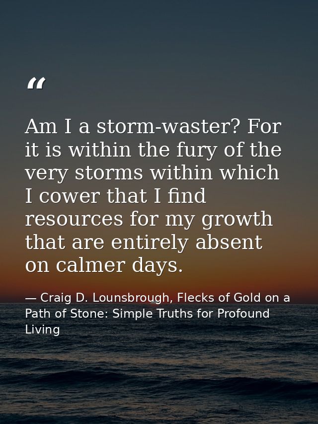 Am I a storm-waster? For it is within the fury of the very storms within which I cower that I find resources for my grow — Craig D. Lounsbrough, Flecks of Gold on a Path of Stone: Simple Truths for Profound Living