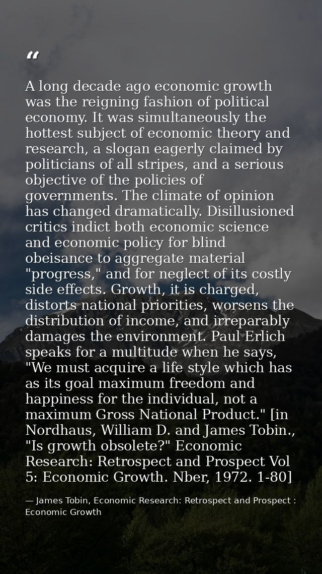 A long decade ago economic growth was the reigning fashion of political economy. It was simultaneously the hottest subje — James Tobin, Economic Research: Retrospect and Prospect : Economic Growth