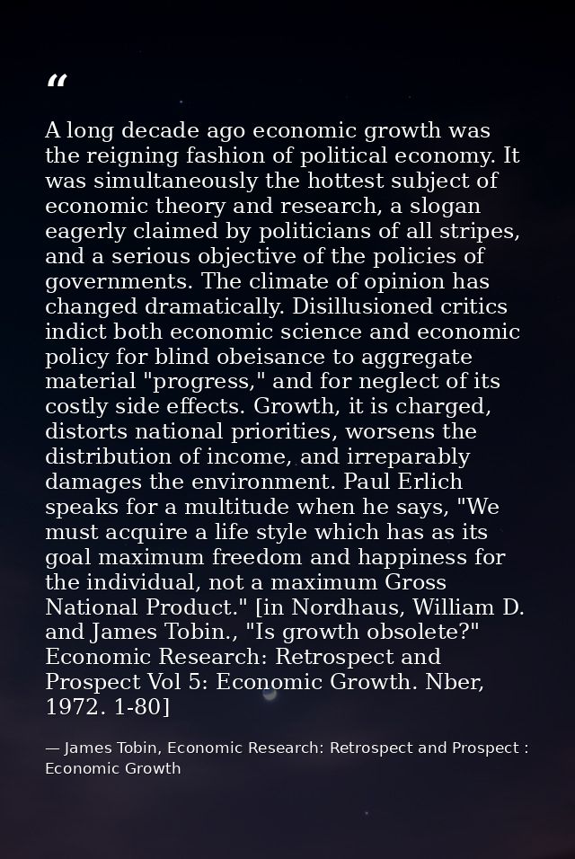 A long decade ago economic growth was the reigning fashion of political economy. It was simultaneously the hottest subje — James Tobin, Economic Research: Retrospect and Prospect : Economic Growth