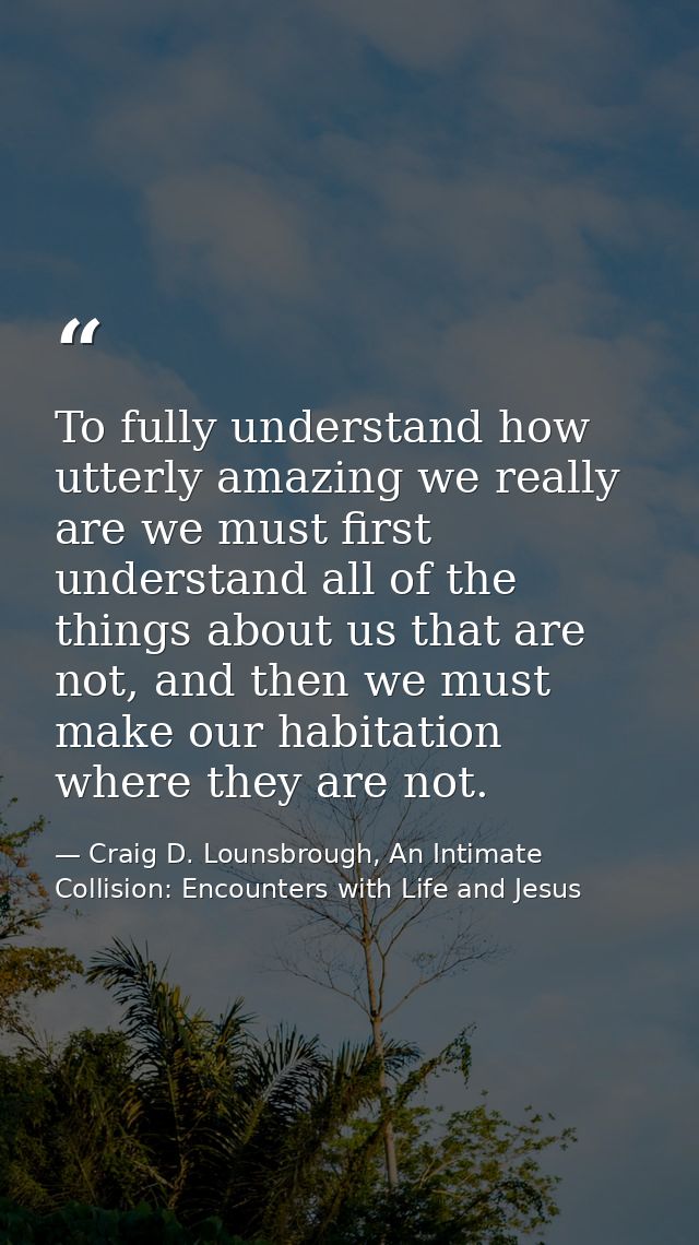 To fully understand how utterly amazing we really are we must first understand all of the things about us that are not,  — Craig D. Lounsbrough, An Intimate Collision: Encounters with Life and Jesus