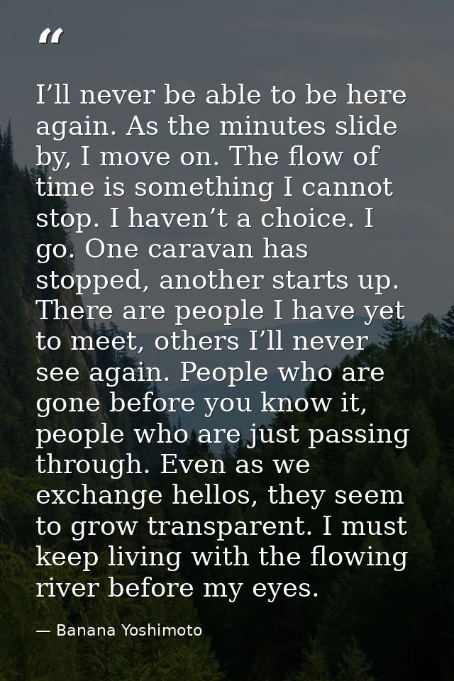 I’ll never be able to be here again. As the minutes slide by, I move on. The flow of time is something I cannot stop. I  — Banana Yoshimoto