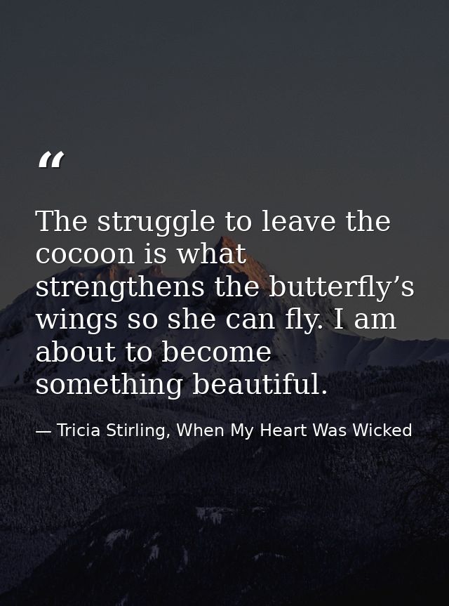 The struggle to leave the cocoon is what strengthens the butterfly’s wings so she can fly. I am about to become somethin — Tricia Stirling, When My Heart Was Wicked