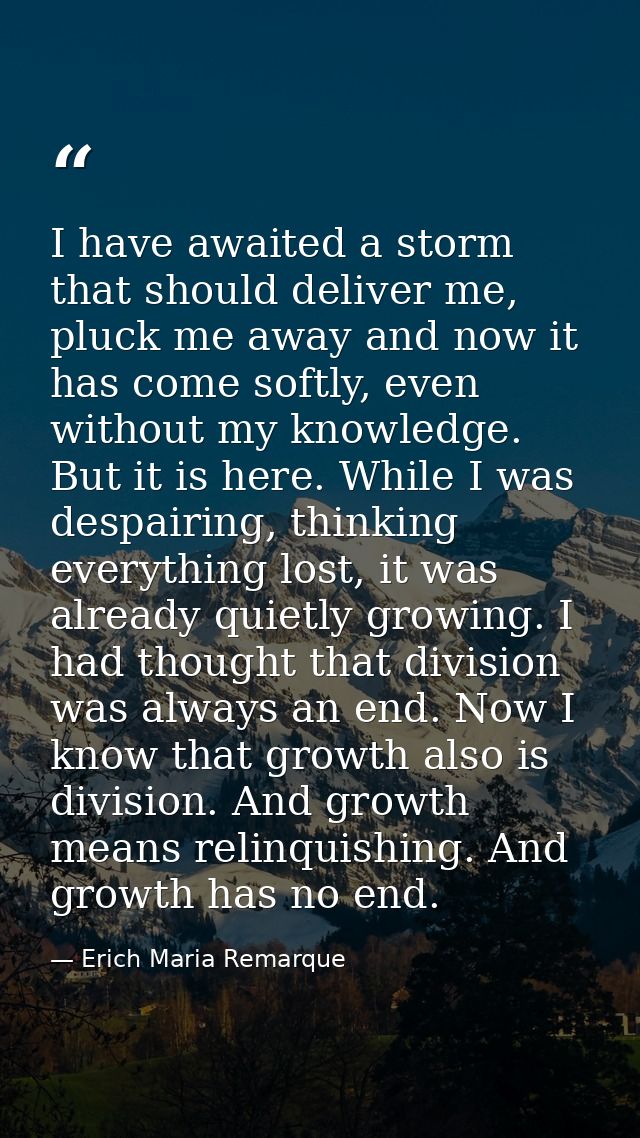 I have awaited a storm that should deliver me, pluck me away and now it has come softly, even without my knowledge. But  — Erich Maria Remarque