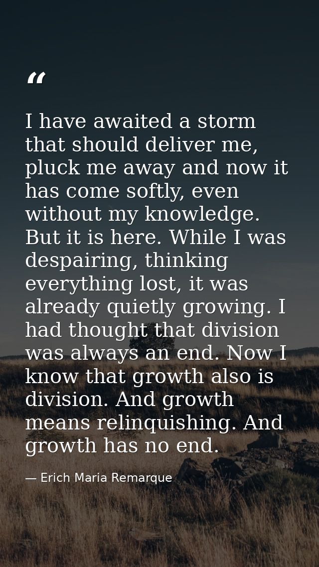 I have awaited a storm that should deliver me, pluck me away and now it has come softly, even without my knowledge. But  — Erich Maria Remarque